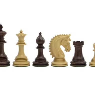 Figury szachowe Lemington z drewna różanego: król, hetman, goniec, skoczek, wieża i pion
