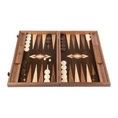 Backgammon Tronc d'Arbre de Noyer otwarty, pionki i kości na swoich miejscach