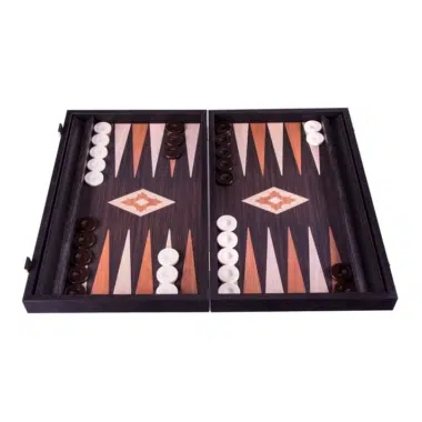 Backgammon z drewna imitującego wenge, otwarty, pionki i strzałki z orzecha i dębu