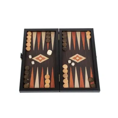 Backgammon Wenge, otwarty, pełna plansza z pionkami i kośćmi