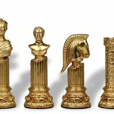 Pièces d'échecs Colonne Romaine entièrement dorées, bustes et chevalier sur colonnes