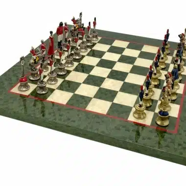 Komplet Napoleon III kompletny z zieloną marmurkową szachownicą i malowanymi figurami