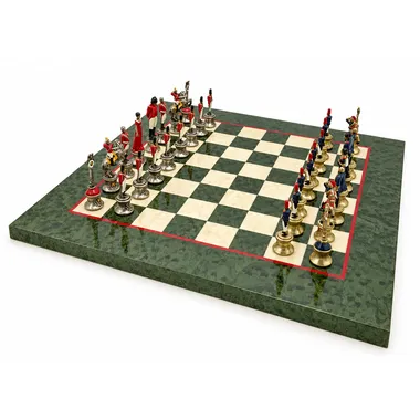 Komplet Napoleon III kompletny z zieloną marmurkową szachownicą i malowanymi figurami