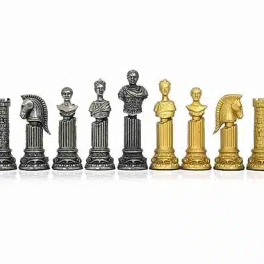 Ensemble "Empire Romain" Echiquier en Métal et Bois & Jeu d'Echecs en Métal Massif