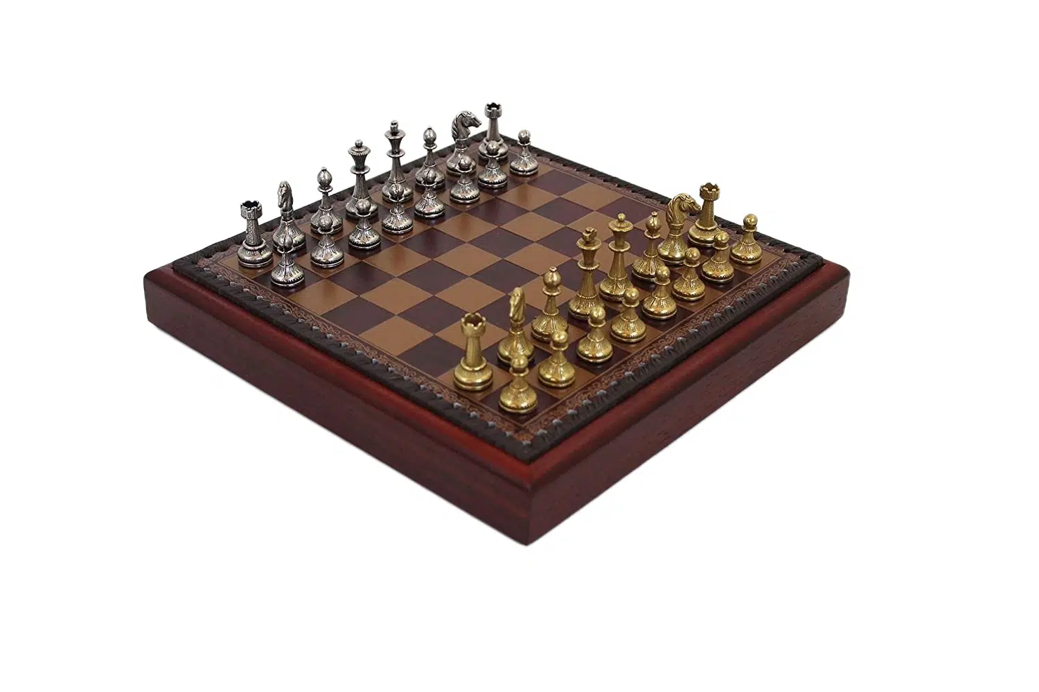 Komplet szachów Mignon Flower VIII z czerwoną szachownicą i metalowymi figurami w złocie i srebrze