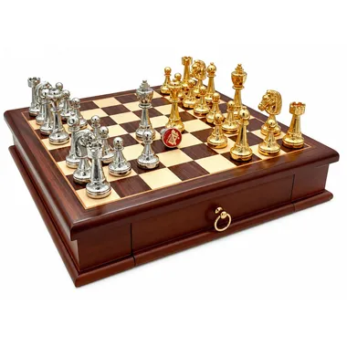 Zestaw Classic Flower 3 z drewnianą szachownicą i figurami platerowanymi złotem i srebrem