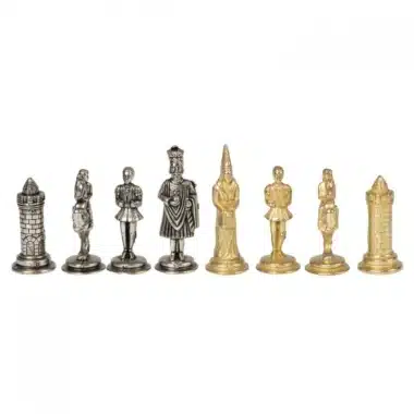 Szachy Camelot z metalu, pełny rząd ośmiu rodzajów figur