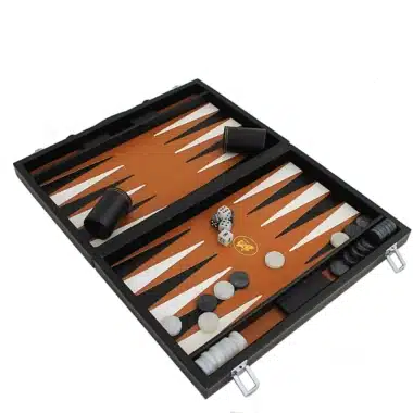 Backgammon Elegant, otwarty, plansza z ekoskóry pomarańczowej i białej z pionkami