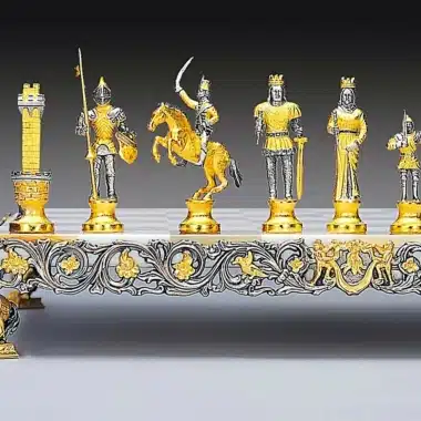 Zestaw "Karol Wielki Cesarz Świętego Cesarstwa Rzymskiego" Szachownica i Szachy z Brązu, Onyksu i Złota 24 Karaty