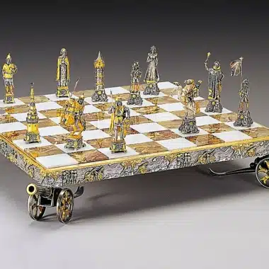 Zestaw Napoleon i Car Dimitri na szachownicy z onyksu na złotych kółkach