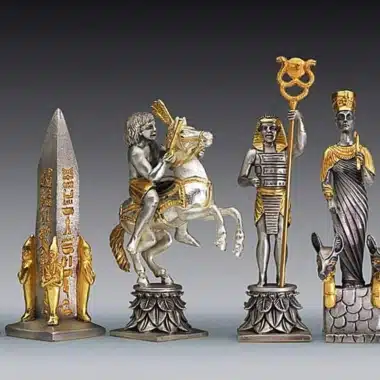 Złote i srebrne figury egipskie: obelisk, skoczek, faraon i królowa