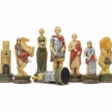 Zestaw szachowy Gladiatorzy z wieżą, lwem, kawalerzystą i ręcznie malowanymi rzymskimi postaciami