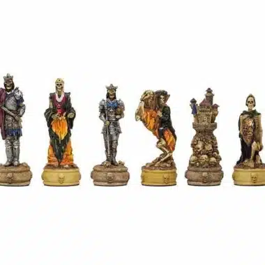 Ensemble Mort-Vivant III : six pièces d'échecs peintes sur socles à crânes