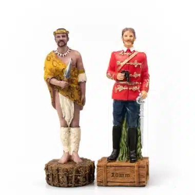 Figury szachowe Wojna Angielsko-Zuluska, wódz zuluski i brytyjski oficer w czerwonym mundurze
