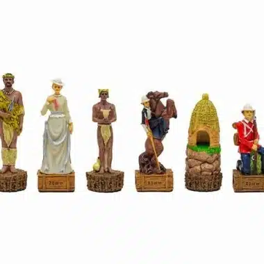 Zestaw szachowy z żywicy Wojna Angielsko-Zuluska, sześć malowanych figur prezentowanych obok siebie