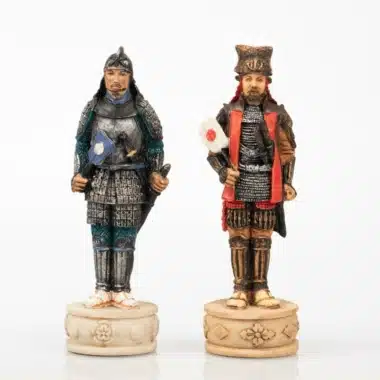 Królowie samurajscy w zbroi, detal dwóch figur w szarych i czerwonych odcieniach