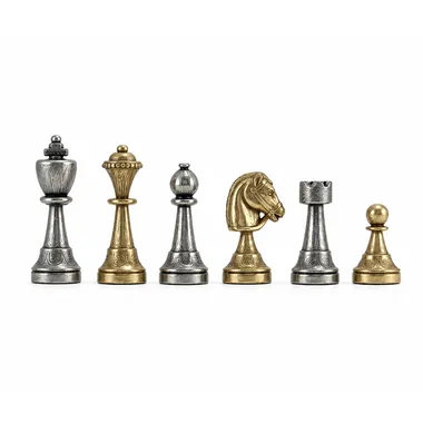 Metalowe szachy Staunton, pełny rząd złotych i srebrnych figur