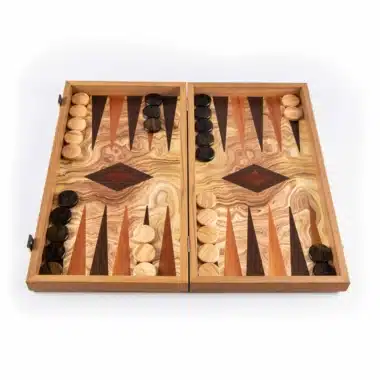 Otwarty backgammon z drewna oliwnego, intarsjowana plansza i drewniane pionki