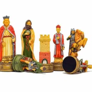 Zestaw szachowy Camelot, król, dama i wieża z misternie malowanej żywicy