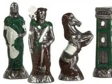 Malowane metalowe figury szachowe, srebrny obóz barbarzyński, wieża, skoczek, wodzowie