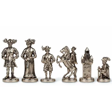 Figury w posrebrzanym metalu Lanzichenecchi, hetman, goniec, skoczek i wieża
