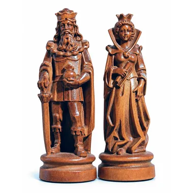 Król i hetman Bergame z litego drewna alpejskiego, szczegółowa rzeźba po stronie brązowionej