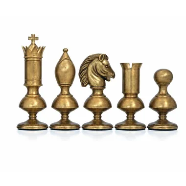 Figury szachowe z mosiądzu Giant Contemporain, król, hetman, goniec, skoczek i pion ustawione w rzędzie