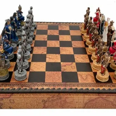 Jeu d'échecs Roi Arthur complet, coffret en similicuir avec pièces en résine