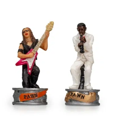 Piony rock i jazz, figurki basisty i klarnecisty z żywicy