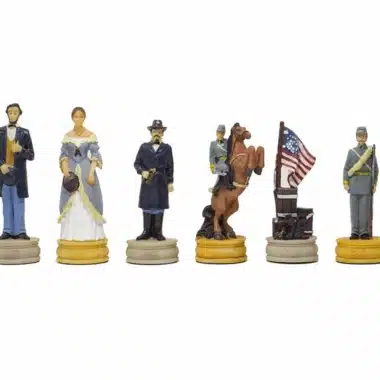 Sześć szczegółowych figur szachowych: żołnierze, cywile i skoczek z flagą