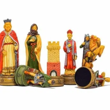Figury szachowe Camelot, król, wieża i skoczek z malowanej żywicy