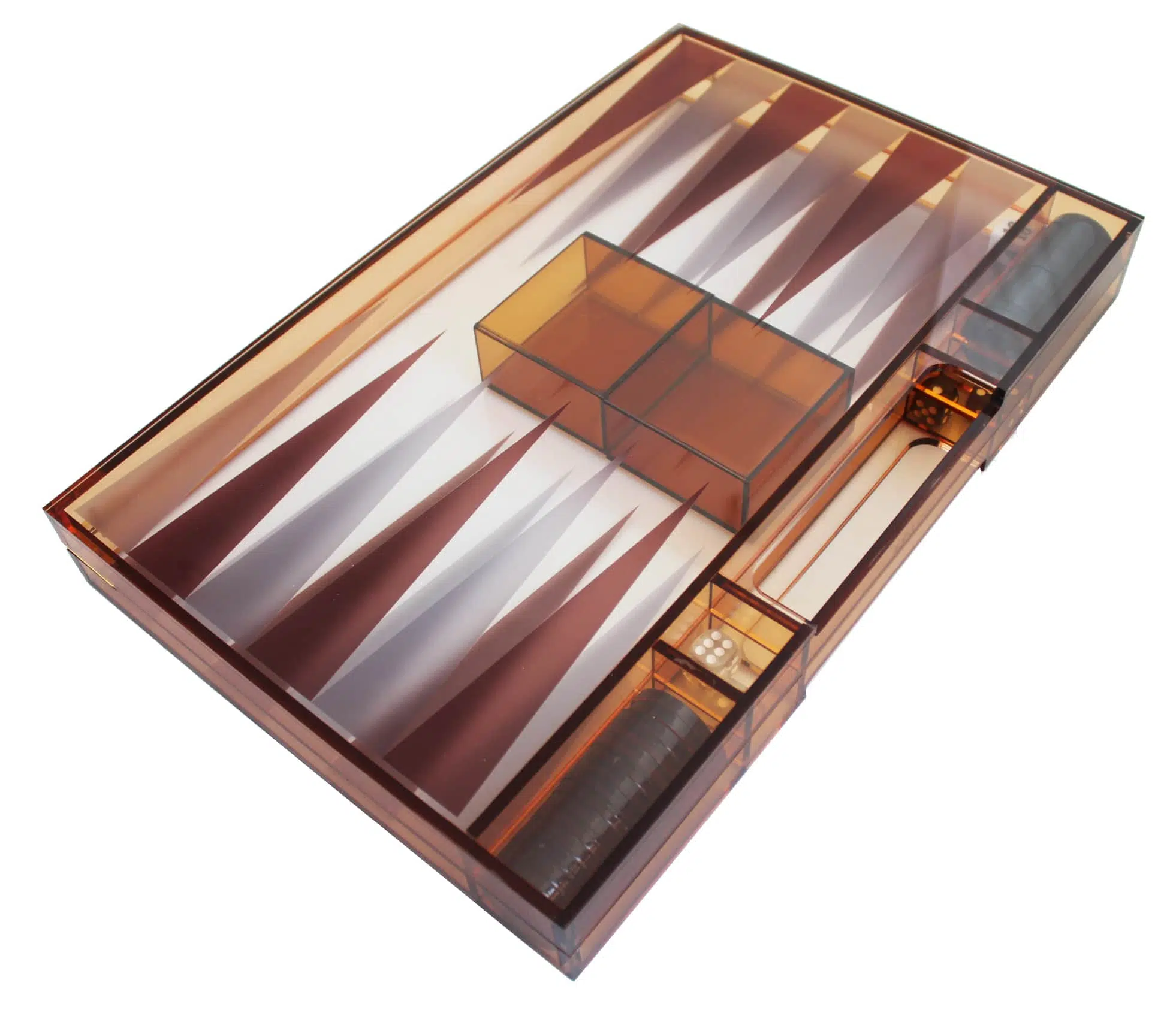 Backgammon w pomarańczowym plexiglasie, otwarta kaseta z przegródkami i kubkiem do kostek