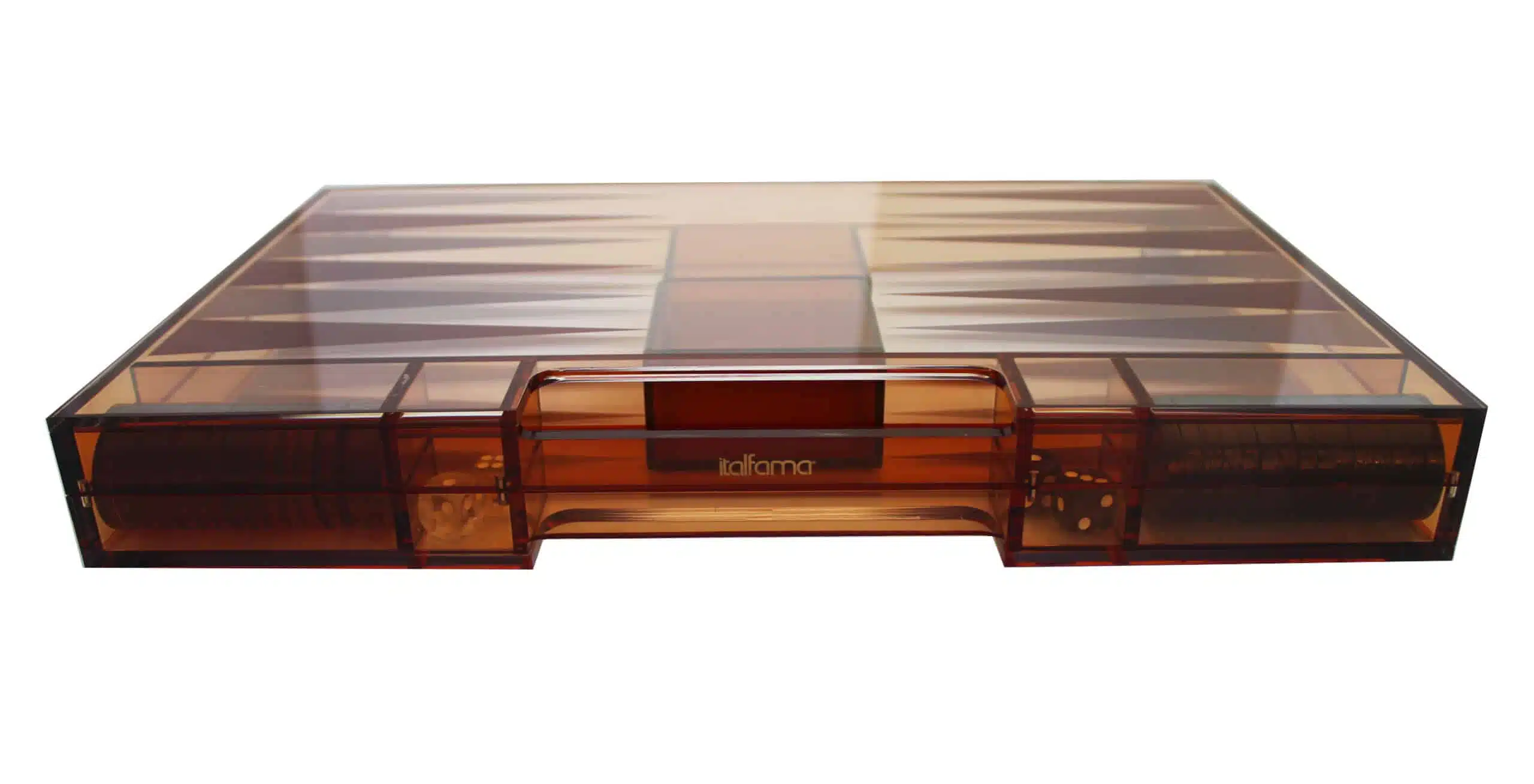 Backgammon w pomarańczowym plexiglasie, widok centralnego schowka z kostkami i żetonami