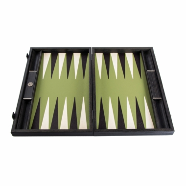 Pusta kaseta backgammon w kolorze oliwkowym, widoczne pola bez pionów