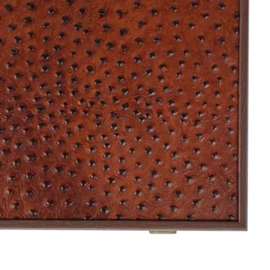 Kaseta do backgammona, szczegół jasnobrązowej skóry imitującej strusią i złotego zapięcia