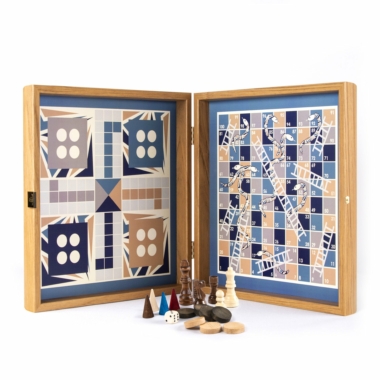 Zestaw gier 4 w 1 z drewna, niebieski - szachy/backgammon/ludo/węże i drabiny