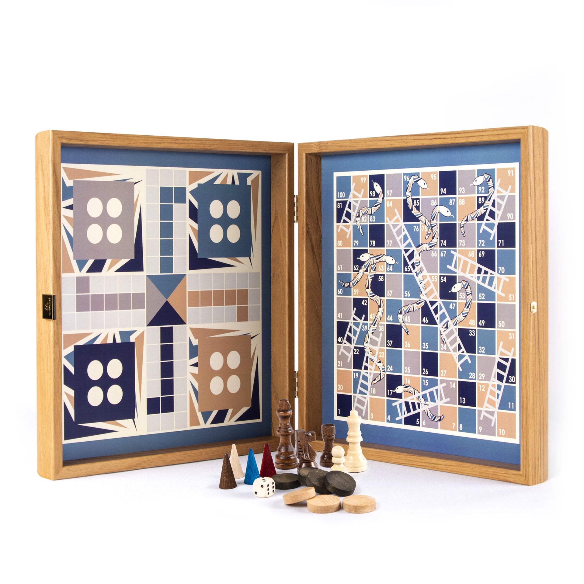 Zestaw gier 4 w 1 z drewna, niebieski - szachy/backgammon/ludo/węże i drabiny