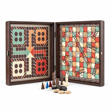 Zestaw gier 4 w 1 z drewna w stylu vintage - szachy/backgammon/ludo/węże i drabiny