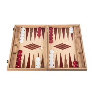 Backgammon z dębu i orzecha, otwarty, widok ogólny pełnej planszy