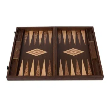 Backgammon z Wenge i Czeczoty Orzechowej, otwarty, widok ogólny bez pionków