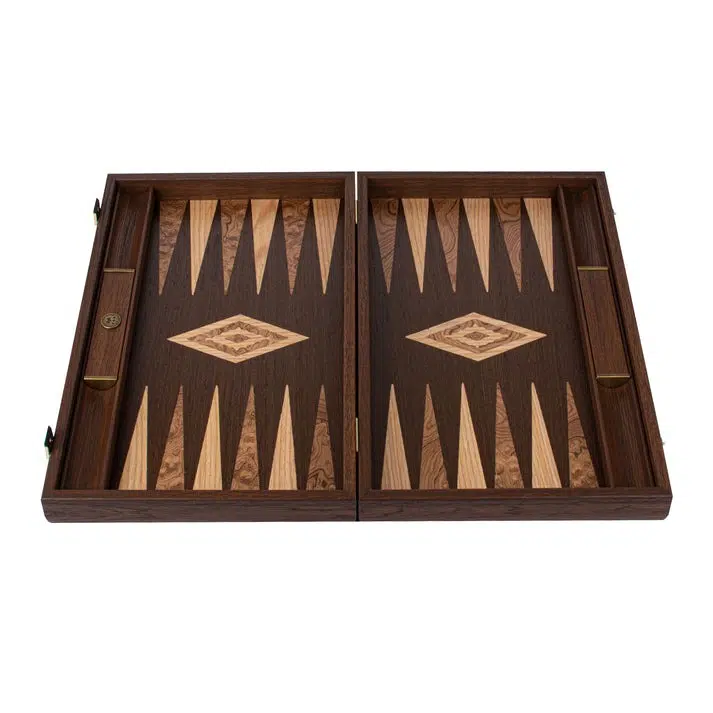 Backgammon z Wenge i Czeczoty Orzechowej, otwarty, widok ogólny bez pionków