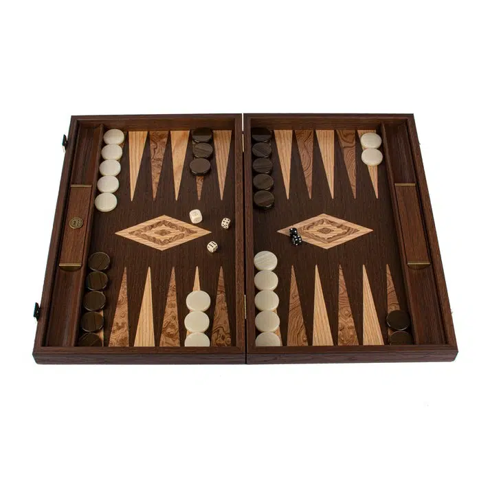 Backgammon z Wenge i Czeczoty Orzechowej, otwarty, widok ogólny planszy