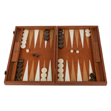 Otwarty backgammon, plansza z ekoskóry w deseń krokodyla, karmelowa i kremowa, drewniane pionki