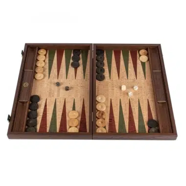 Otwarty backgammon z naturalnego korka z pionami z drewna oliwnego i kośćmi