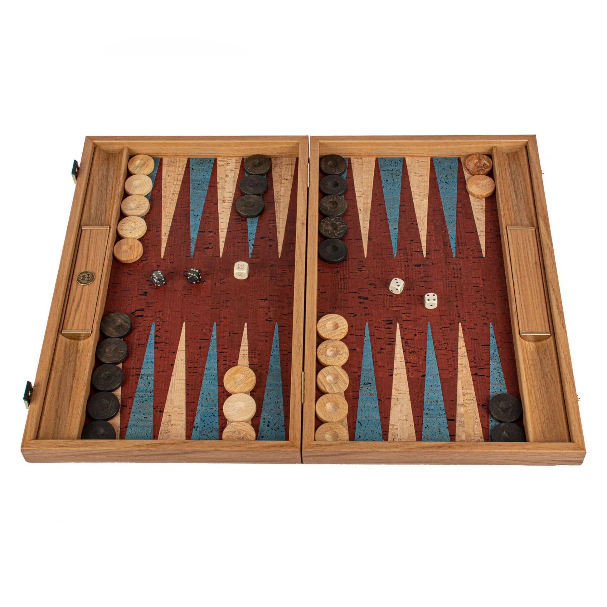 Otwarty backgammon z czerwonego korka, pionki z drewna dębowego i kości