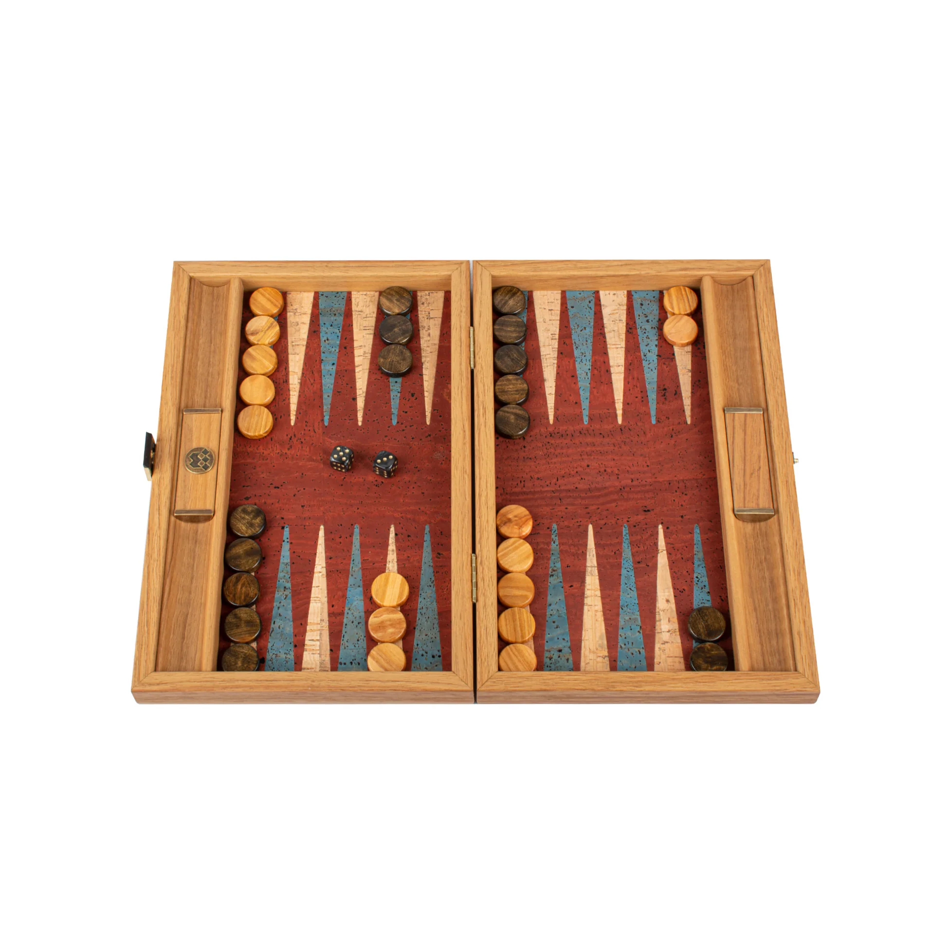 Backgammon z czerwonego korka otwarty z pionami z drewna dębowego i kośćmi