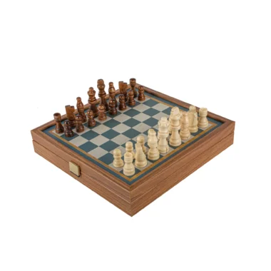 Otwarta kaseta 2 w 1 turkusowa 27×27 cm z szachownicą gotową do gry
