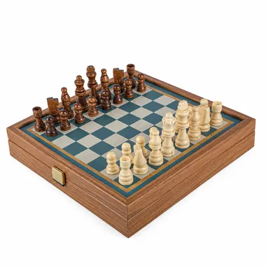 Otwarta kaseta 2 w 1 turkusowa 27×27 cm z szachownicą gotową do gry