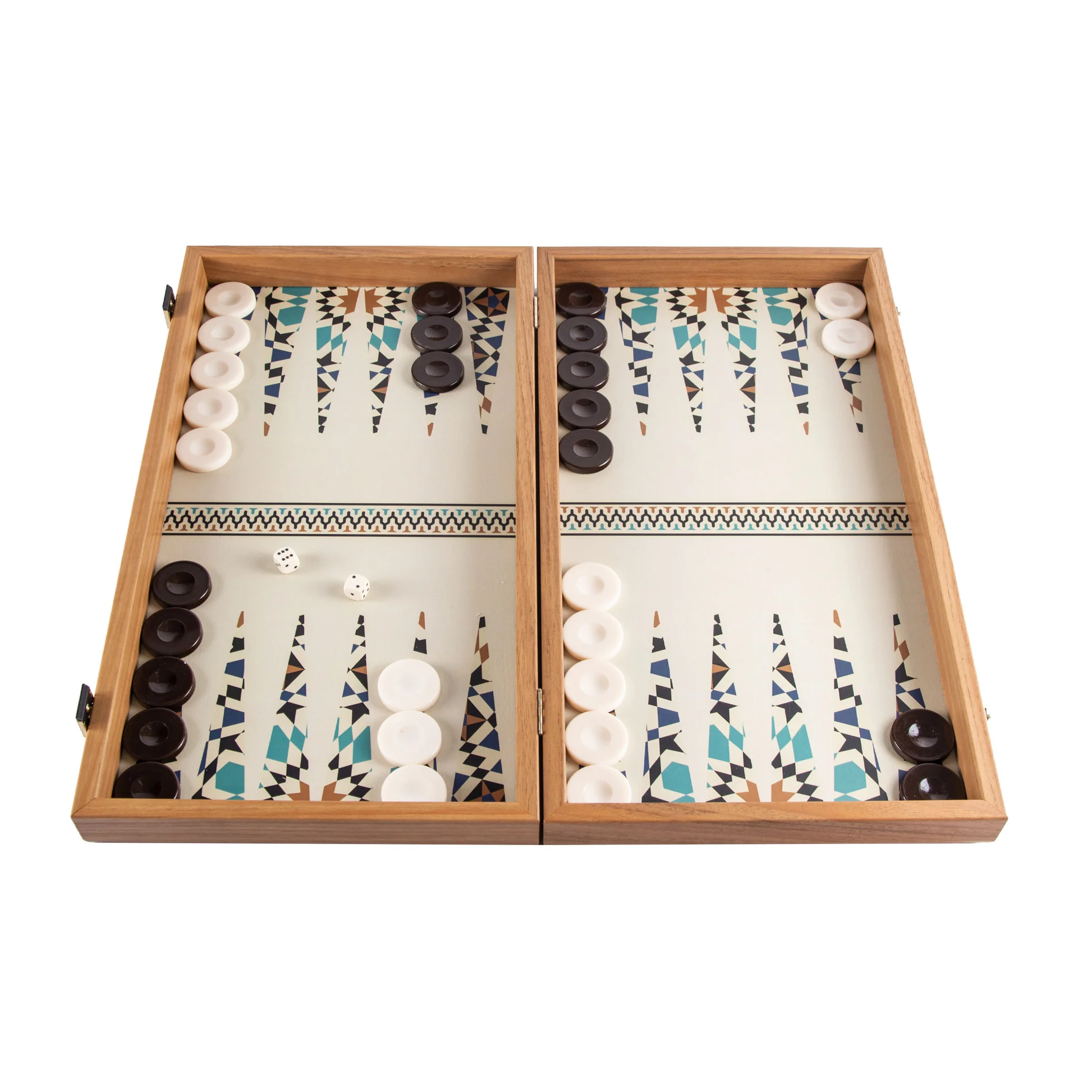 Otwarty backgammon w nowoczesnym designie, plansza z motywami geometrycznymi i pionkami