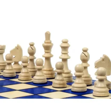 Pièces d'échecs ivoire en gros plan alignées sur l'échiquier bleu et ivoire